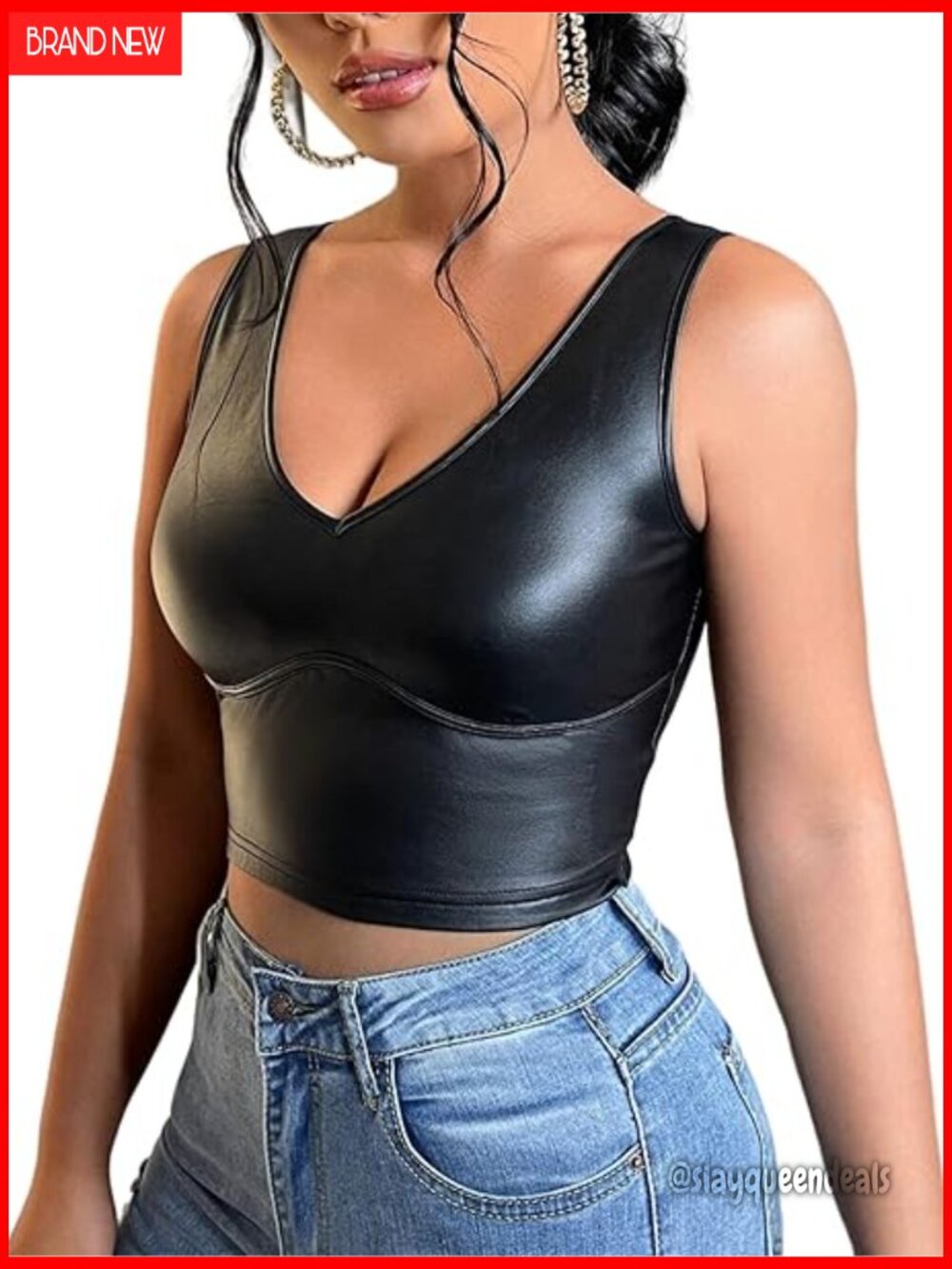 PU Leather V-Neck Sleeveless Crop Tank Top Slim Fit Yoga Casual